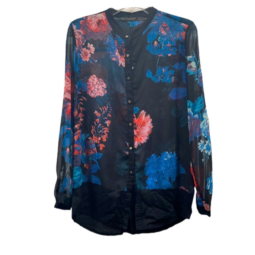 ZARA Black Sheer Floral Button Down Roll Sleeve Blouse Size S